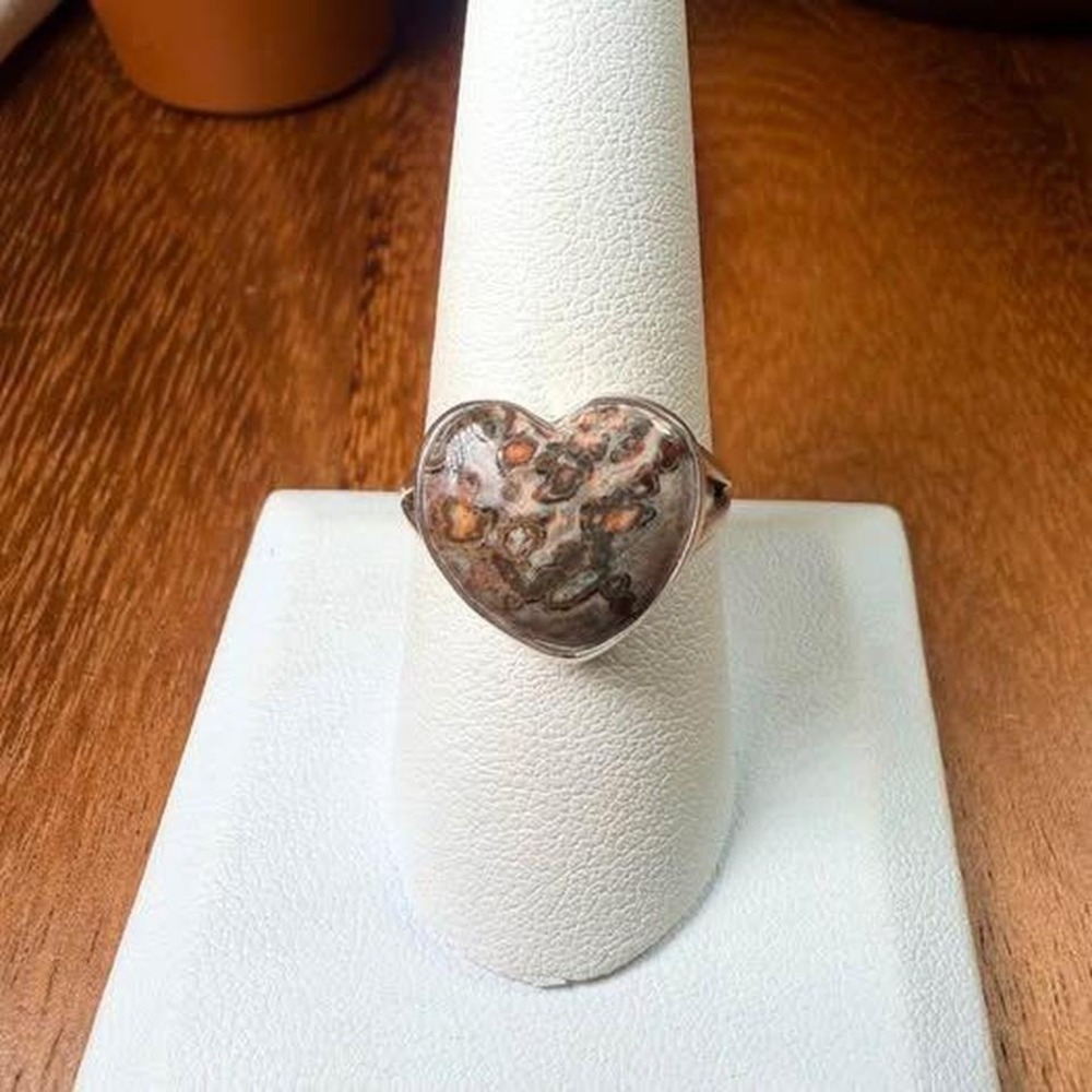 Heart Leopard Skin Jasper Ring - Size 8.5 - .925 Sterling Silver